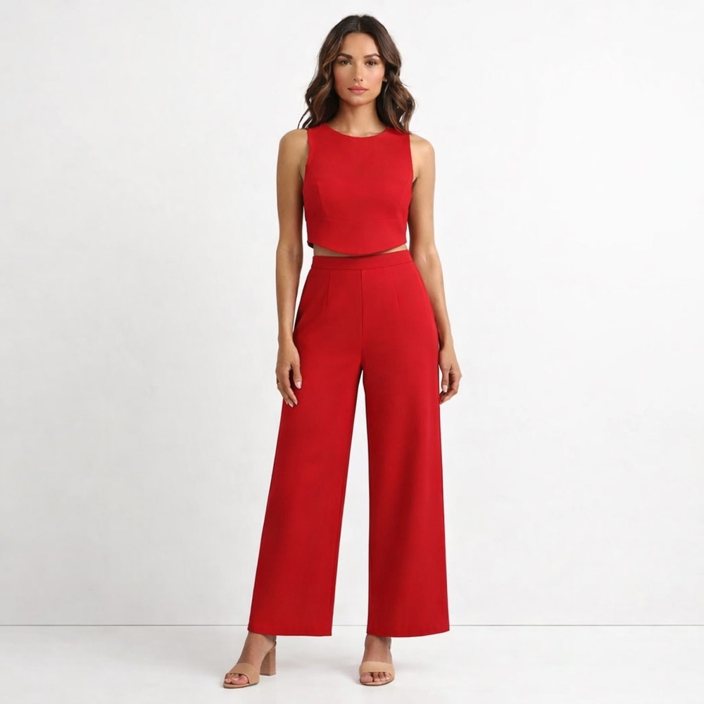 House of Harlow 1960 Red 2 Piece Set Crop Top & Wide Leg Pants Size 8 Minimalist